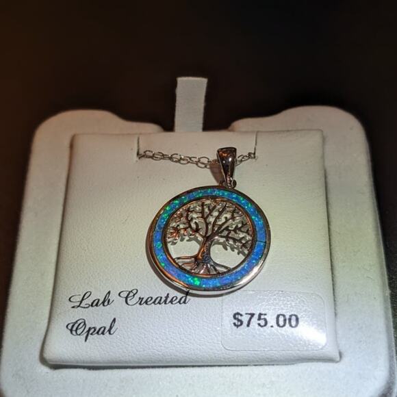 NWT Lab Created Opal Tree of Life Pendant Necklace on 925 Sterling 17" Chain - Picture 1 of 4